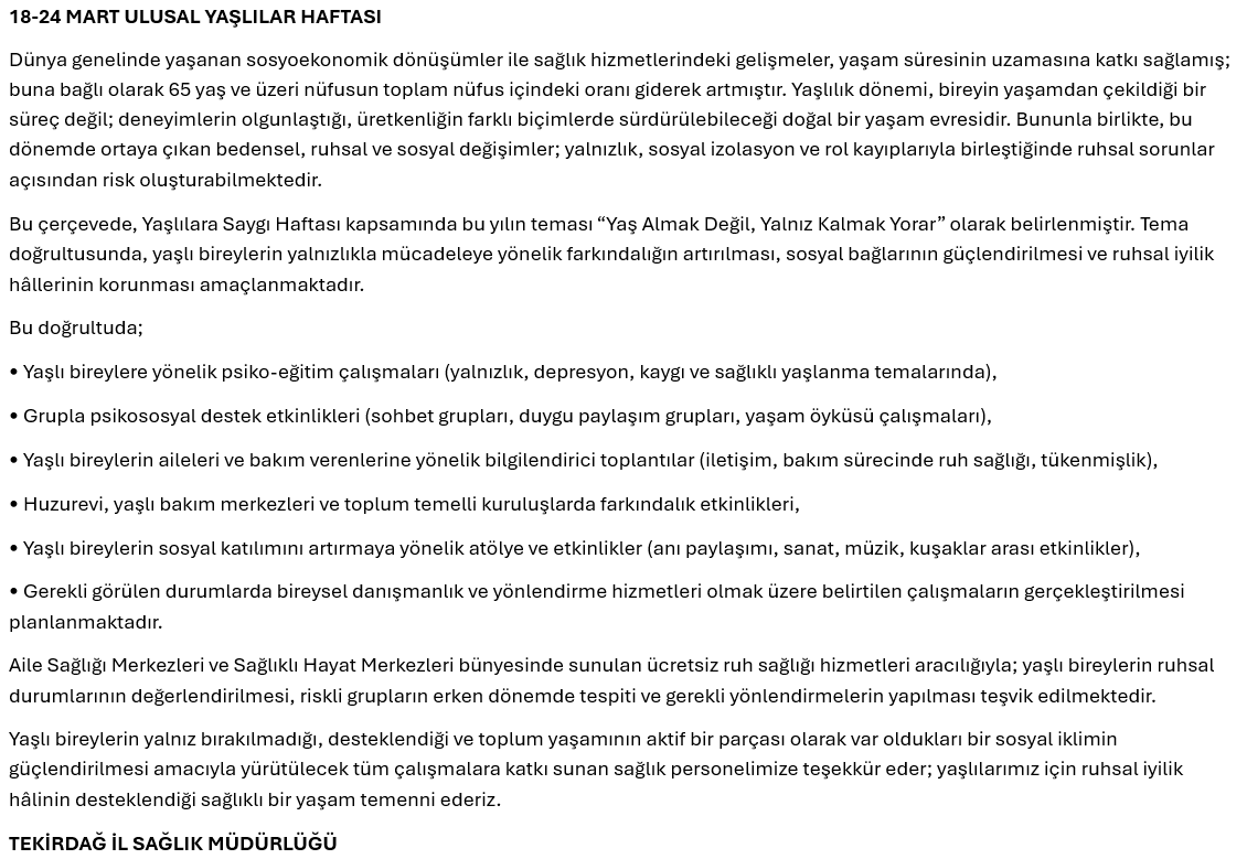 18-24 MART ULUSAL YAŞLILAR HAFTASI